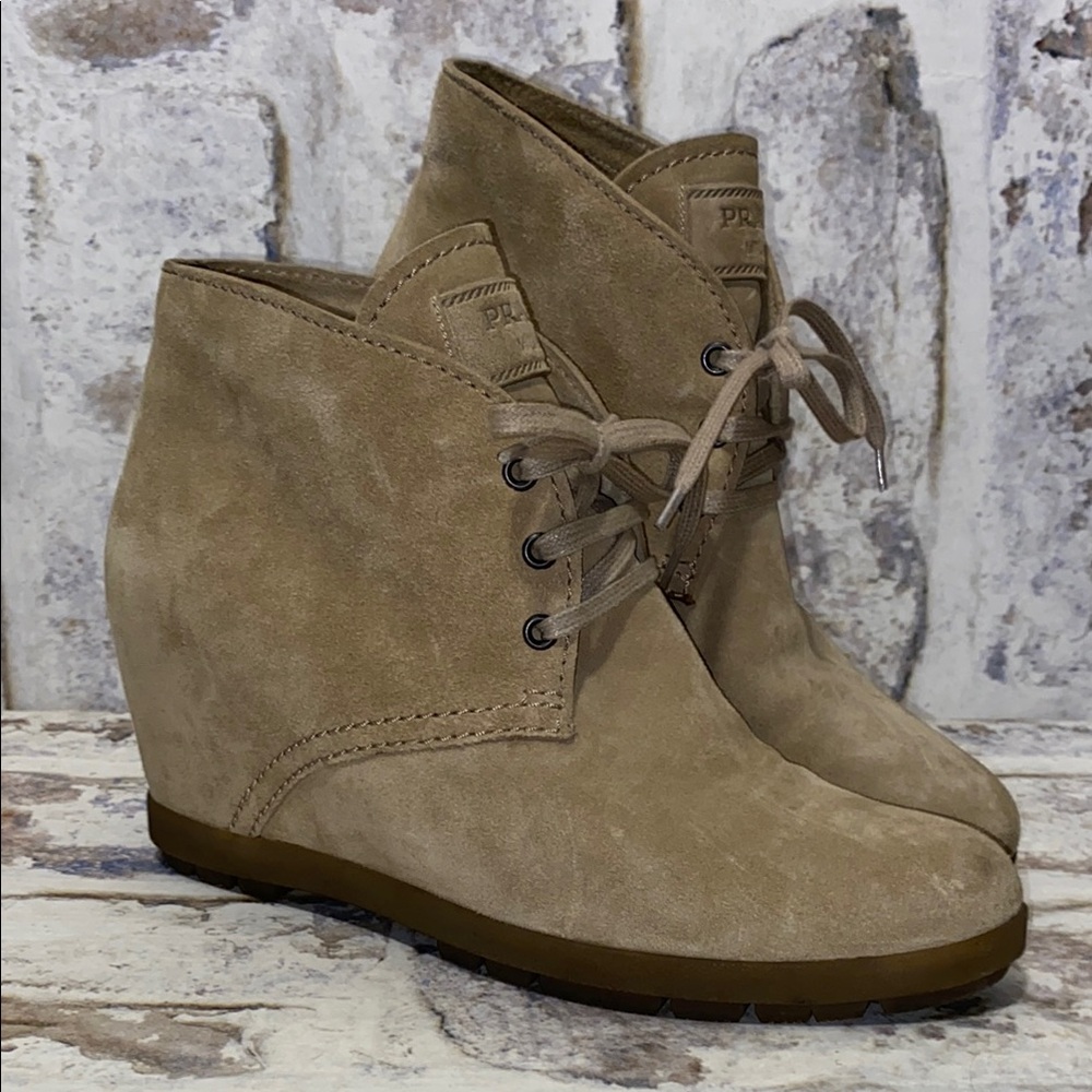 Prada Linea Rossa Wedge Lace Up Booties